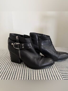 Marc Fisher Black Leather Ankle Booties with Buckle Strap